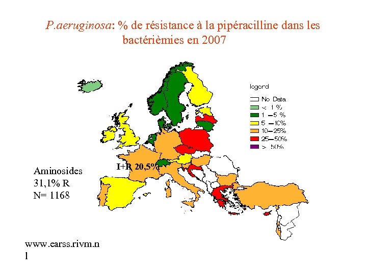 P. aeruginosa: % de résistance à la pipéracilline dans les bactérièmies en 2007 Aminosides