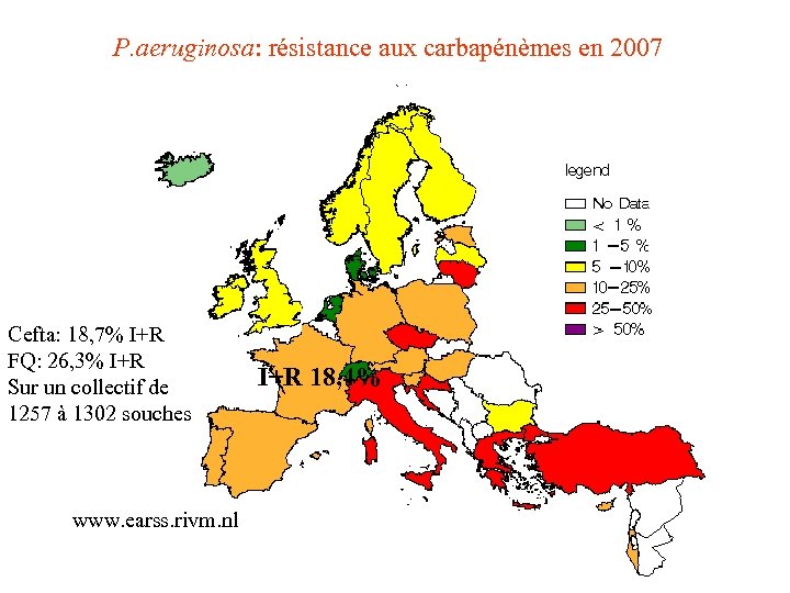P. aeruginosa: résistance aux carbapénèmes en 2007 Cefta: 18, 7% I+R FQ: 26, 3%