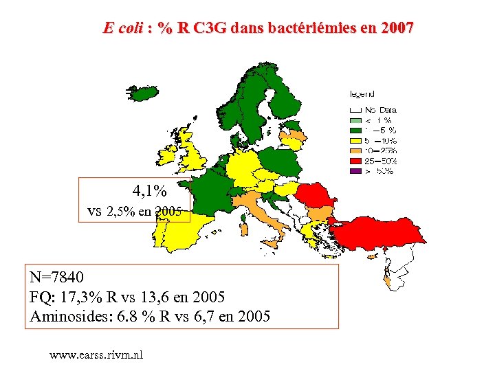 E coli : % R C 3 G dans bactériémies en 2007 4, 1%