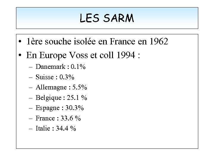 LES SARM • 1ère souche isolée en France en 1962 • En Europe Voss