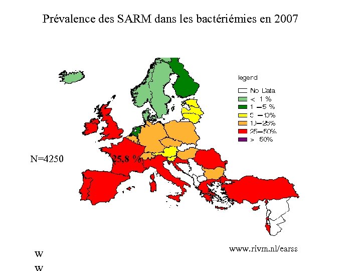 Prévalence des SARM dans les bactériémies en 2007 N=4250 w 25, 8 % www.