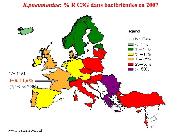 K. pneumoniae: % R C 3 G dans bactériémies en 2007 N= 1161 I+R