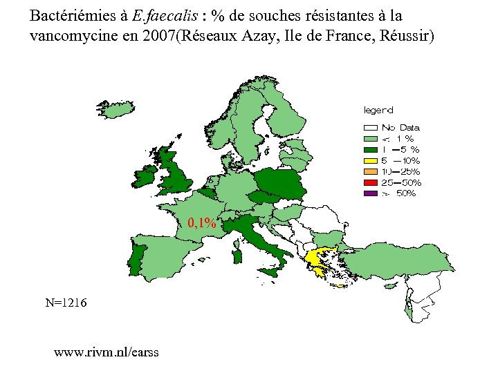 Bactériémies à E. faecalis : % de souches résistantes à la vancomycine en 2007(Réseaux