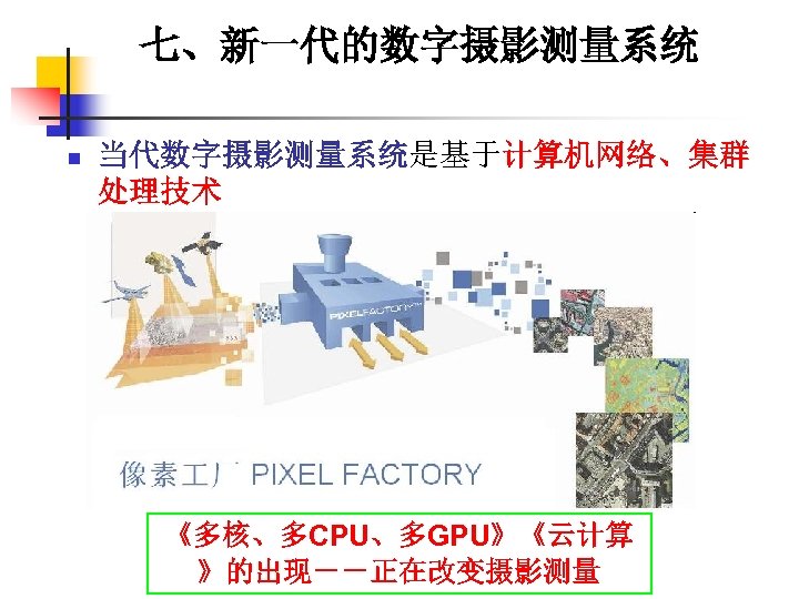 七、新一代的数字摄影测量系统 n 当代数字摄影测量系统是基于计算机网络、集群 处理技术 《多核、多CPU、多GPU》《云计算 》的出现－－正在改变摄影测量 