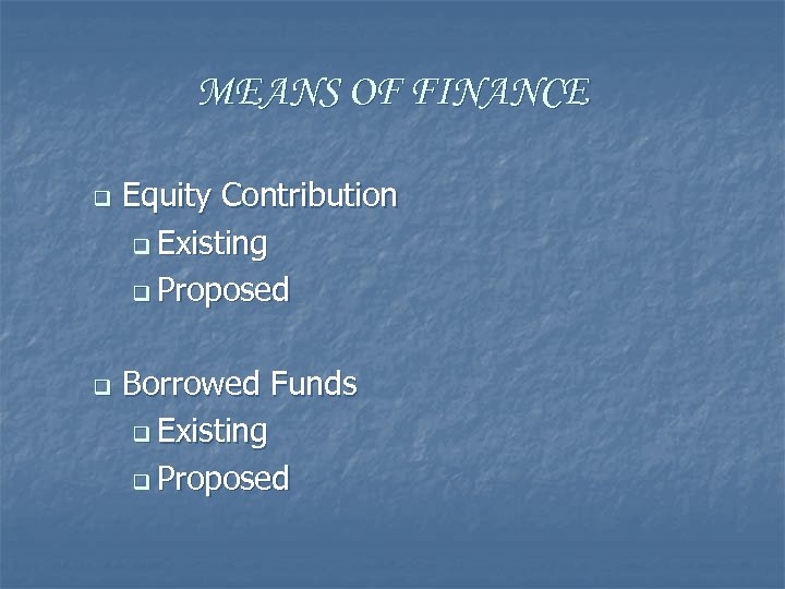 MEANS OF FINANCE q q Equity Contribution q Existing q Proposed Borrowed Funds q