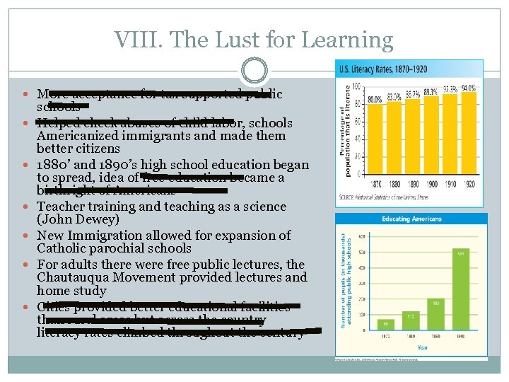 VIII. The Lust for Learning More acceptance for tax supported public schools Helped check