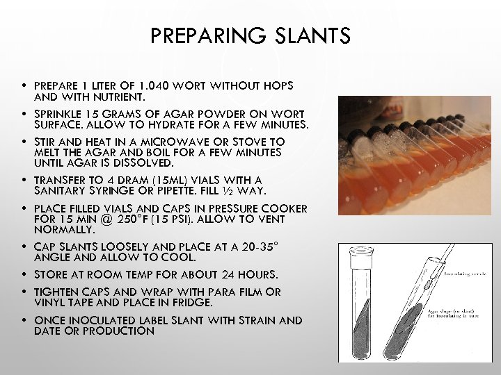 PREPARING SLANTS • PREPARE 1 LITER OF 1. 040 WORT WITHOUT HOPS AND WITH