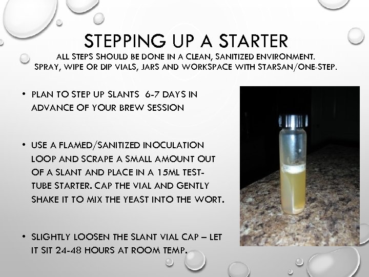 STEPPING UP A STARTER ALL STEPS SHOULD BE DONE IN A CLEAN, SANITIZED ENVIRONMENT.