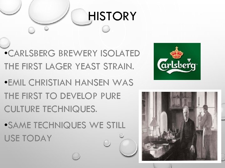 HISTORY • CARLSBERG BREWERY ISOLATED THE FIRST LAGER YEAST STRAIN. • EMIL CHRISTIAN HANSEN