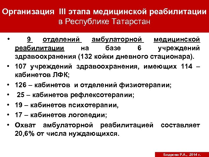Организация III этапа медицинской реабилитации в Республике Татарстан • • • • 9 отделений