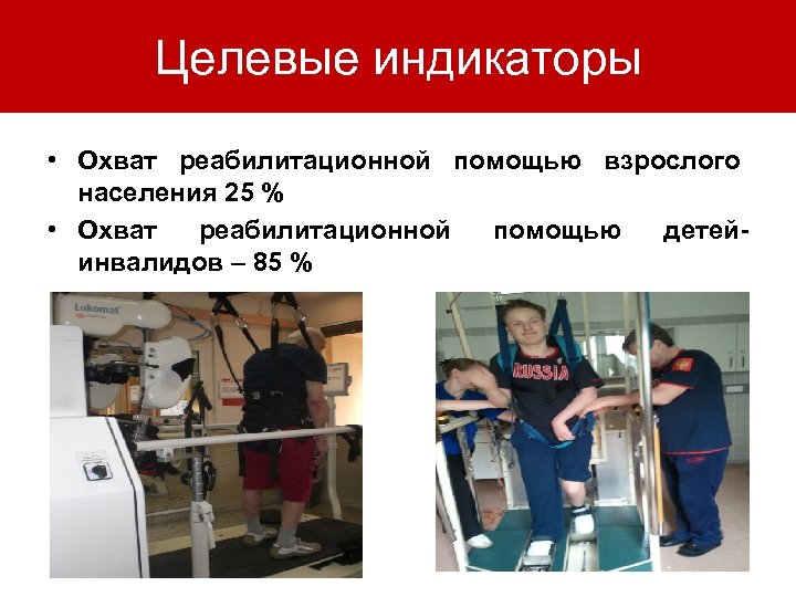 Целевые индикаторы • Охват реабилитационной помощью взрослого населения 25 % • Охват реабилитационной помощью