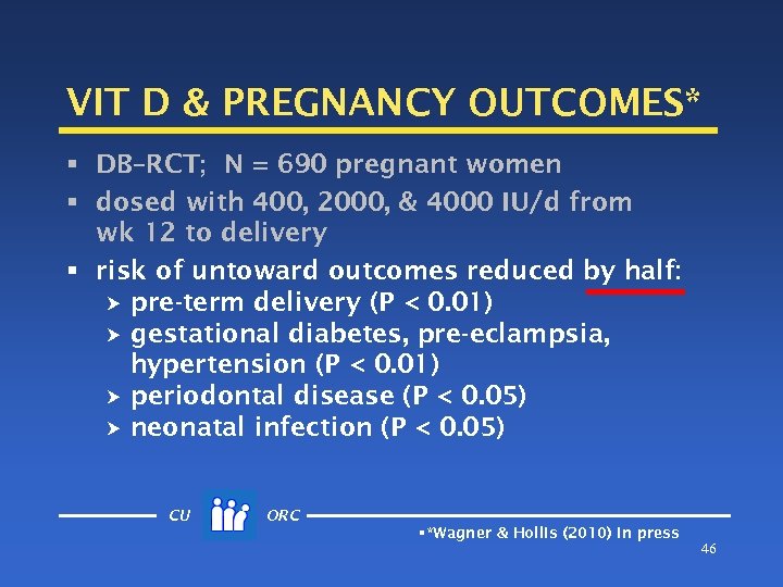 VIT D & PREGNANCY OUTCOMES* § DB–RCT; N = 690 pregnant women § dosed
