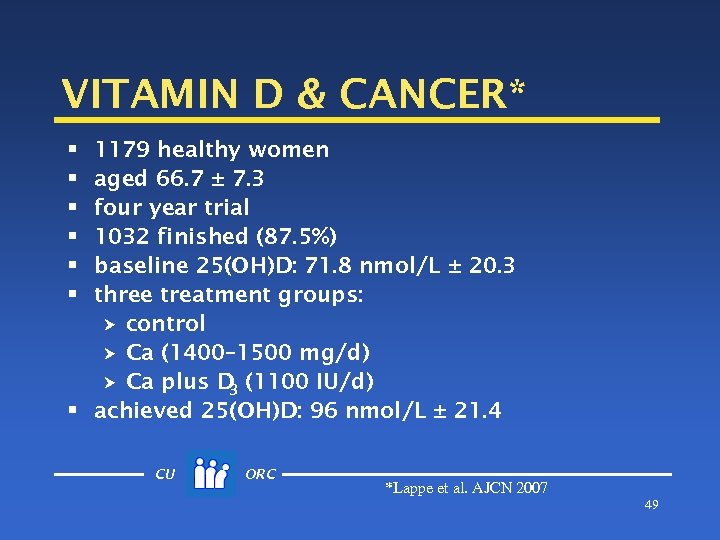 VITAMIN D & CANCER* 1179 healthy women aged 66. 7 ± 7. 3 four