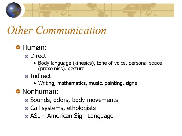 Other Communication Human: Direct • Body language (kinesics), tone of voice, personal space (proxemics),