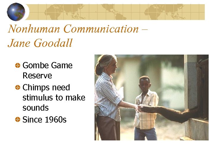 Nonhuman Communication – Jane Goodall Gombe Game Reserve Chimps need stimulus to make sounds