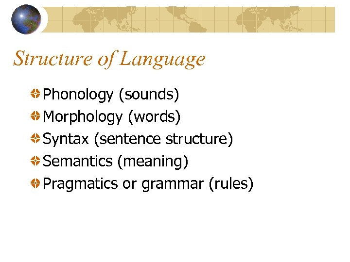 Structure of Language Phonology (sounds) Morphology (words) Syntax (sentence structure) Semantics (meaning) Pragmatics or