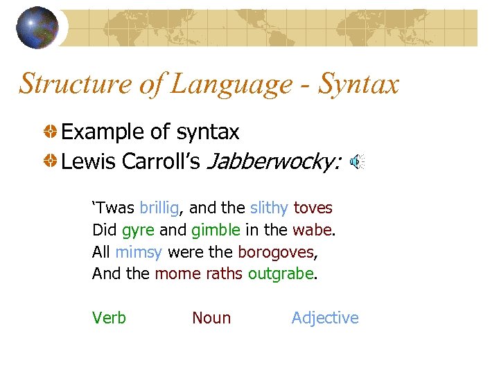 Structure of Language - Syntax Example of syntax Lewis Carroll’s Jabberwocky: ‘Twas brillig, and