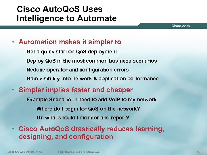 Cisco Auto. Qo. S Uses Intelligence to Automate • Automation makes it simpler to