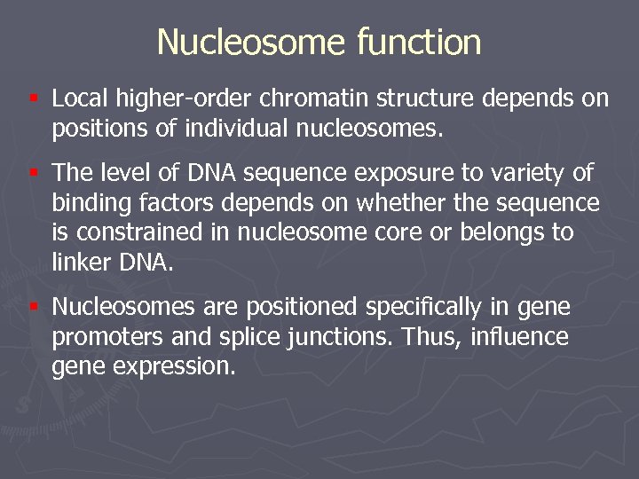 Nucleosome function § Local higher-order chromatin structure depends on positions of individual nucleosomes. §