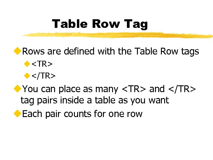 Table Row Tag u. Rows are defined with the Table Row tags u<TR> u</TR>