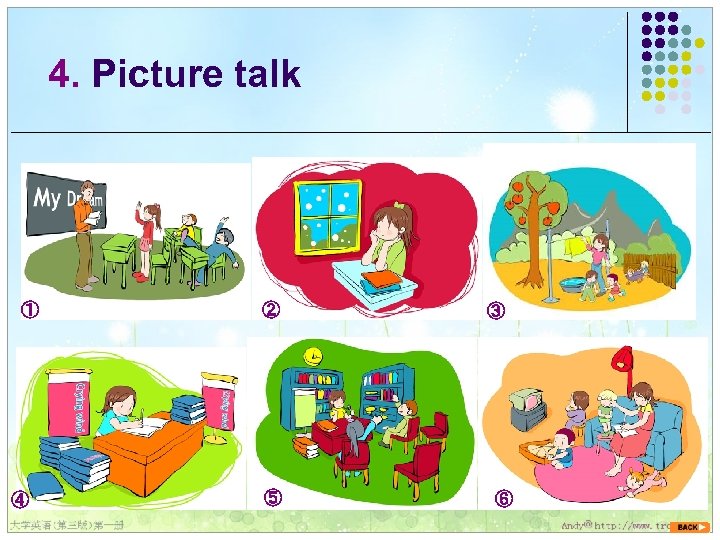 4. Picture talk ① ④ ② ⑤ ③ ⑥ 