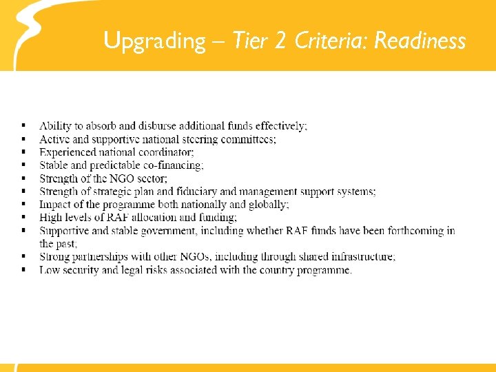 Upgrading – Tier 2 Criteria: Readiness 