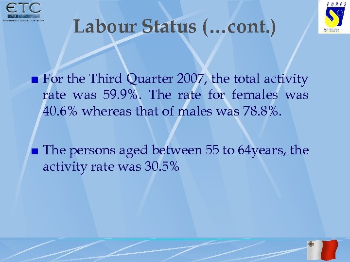 Labour Status (…cont. ) For the Third Quarter 2007, the total activity rate was