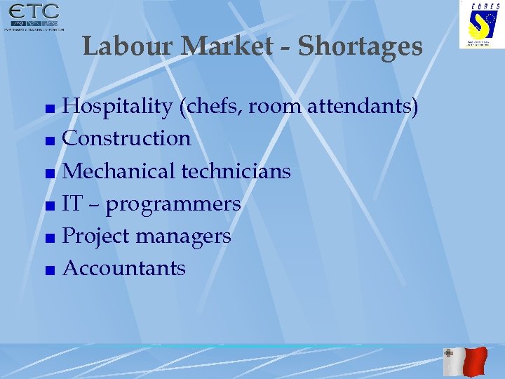 Labour Market - Shortages Hospitality (chefs, room attendants) Construction Mechanical technicians IT – programmers