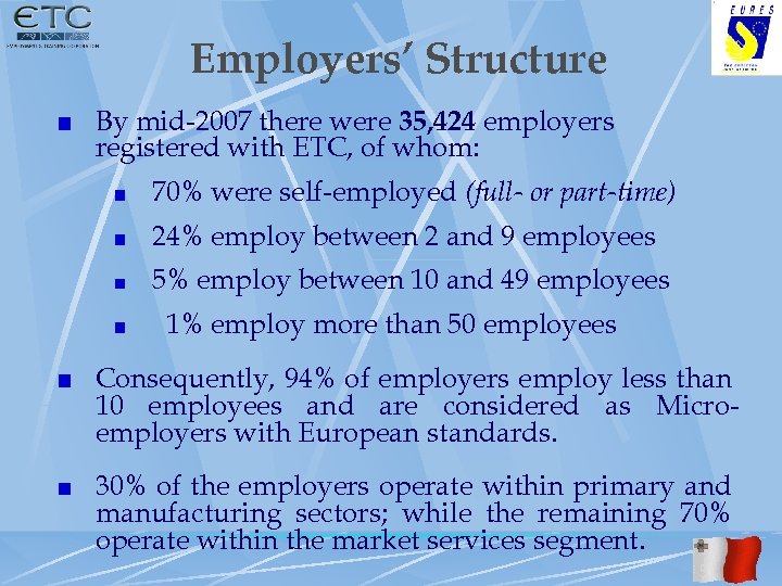 Employers’ Structure By mid-2007 there were 35, 424 employers registered with ETC, of whom: