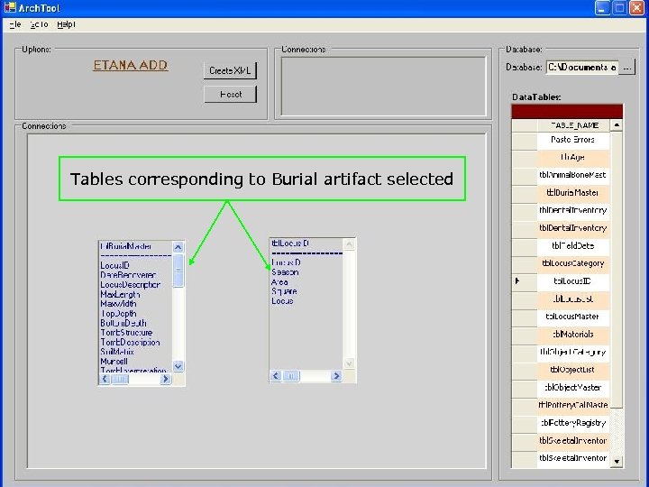 Tables corresponding to Burial artifact selected 