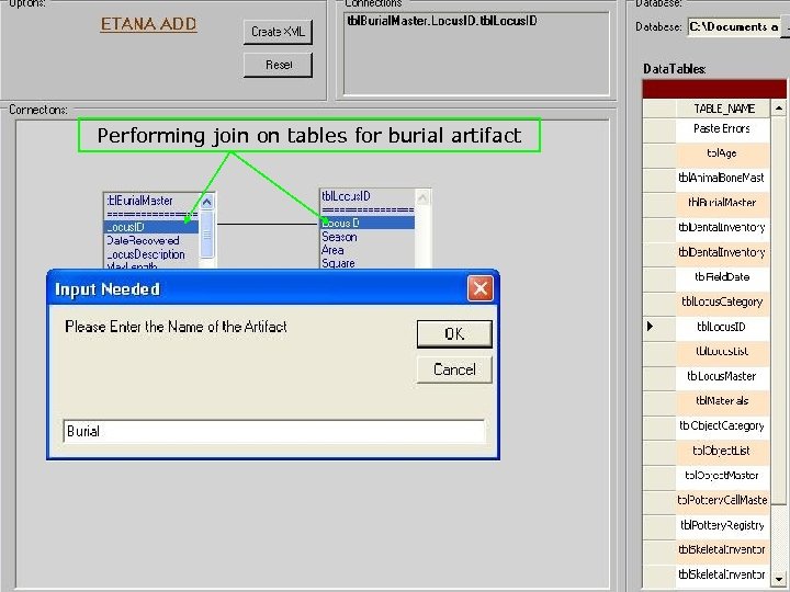 Performing join on tables for burial artifact 