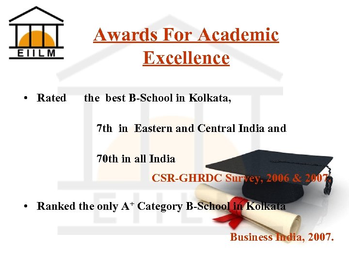Awards For Academic Excellence • Rated the best B-School in Kolkata, 7 th in