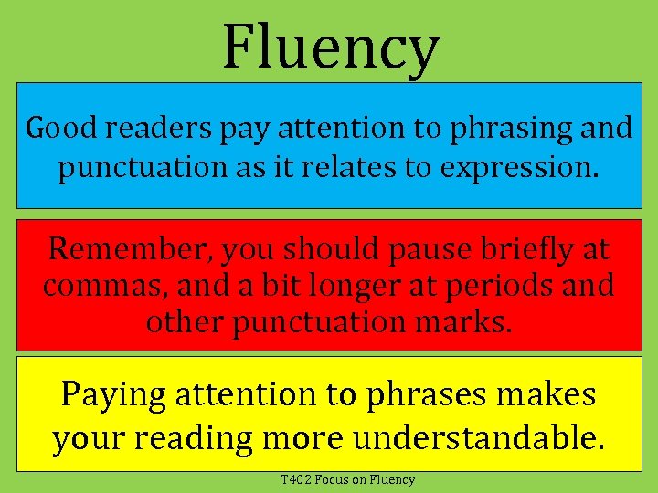 Fluency Good readers pay attention to phrasing and punctuation as it relates to expression.