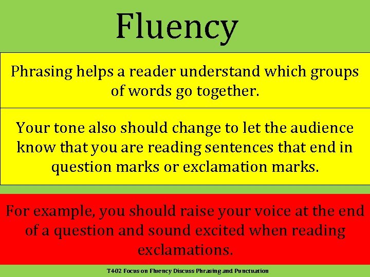 Fluency Phrasing helps a reader understand which groups of words go together. Your tone