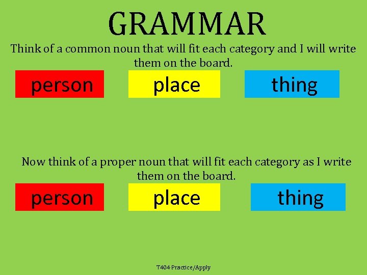GRAMMAR Think of a common noun that will fit each category and I will