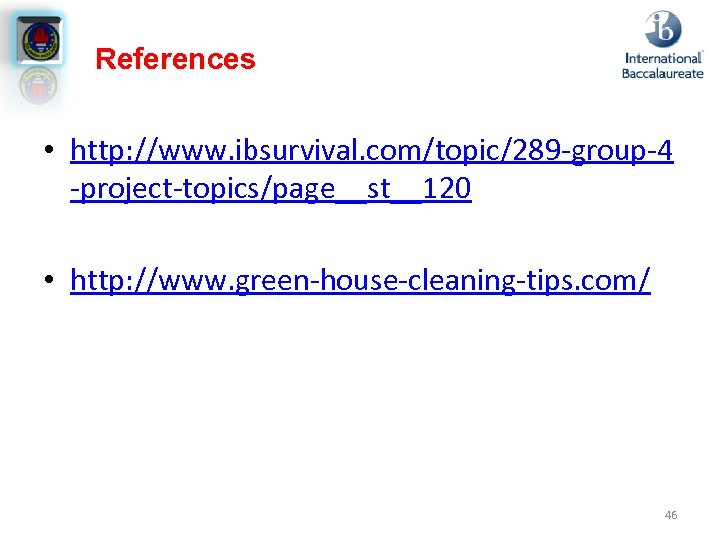 References • http: //www. ibsurvival. com/topic/289 -group-4 -project-topics/page__st__120 • http: //www. green-house-cleaning-tips. com/ 46
