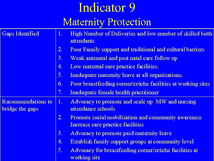 Indicator 9 Maternity Protection Gaps Identified 1. 2. 3. 4. 5. 6. 7. Recommendations