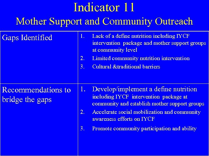 Indicator 11 Mother Support and Community Outreach Gaps Identified 1. 2. 3. Recommendations to