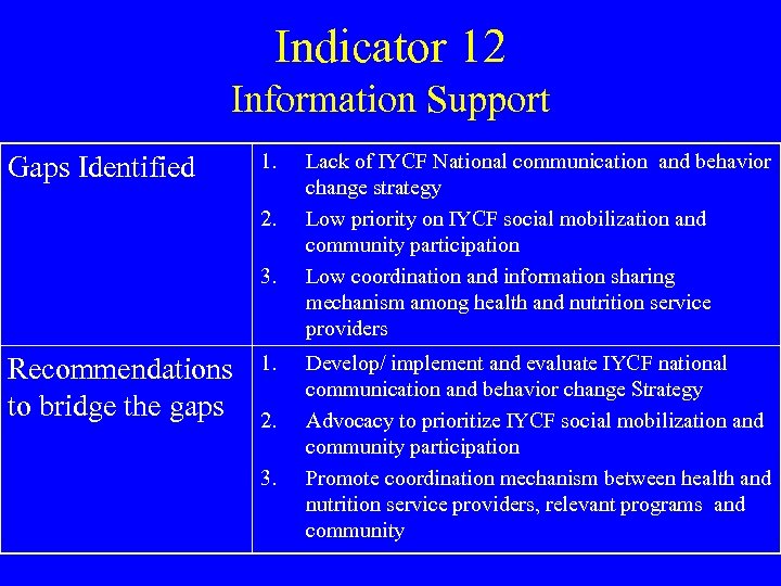 Indicator 12 Information Support Gaps Identified 1. 2. 3. Recommendations to bridge the gaps