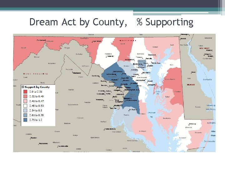 Dream Act by County, % Supporting 
