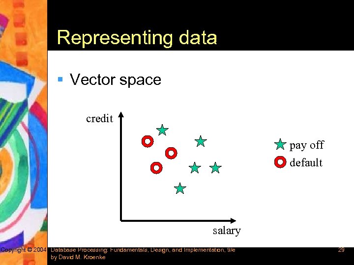 Representing data § Vector space credit pay off default salary Copyright © 2004 Database
