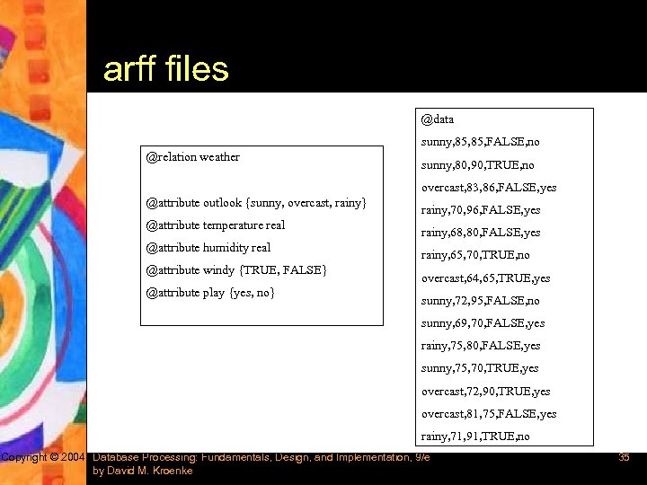 arff files @data sunny, 85, FALSE, no @relation weather sunny, 80, 90, TRUE, no