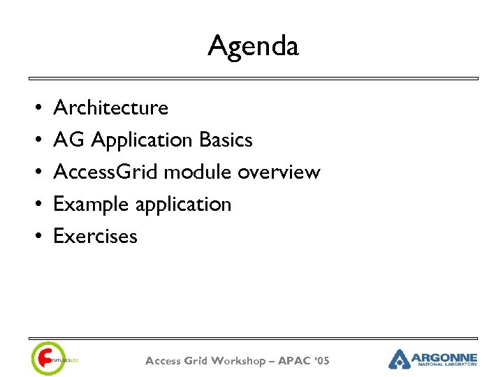 Agenda • • • Architecture AG Application Basics Access. Grid module overview Example application