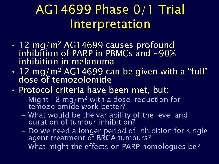 AG 14699 Phase 0/1 Trial Interpretation • 12 mg/m 2 AG 14699 causes profound