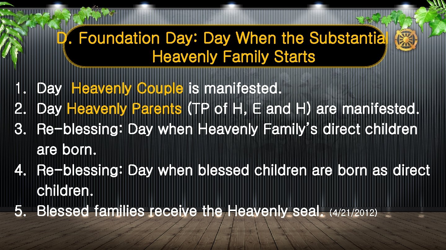 D. Foundation Day: Day When the Substantial Heavenly Family Starts 1. Day Heavenly Couple