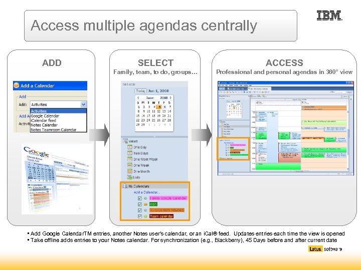 Access multiple agendas centrally ADD SELECT ACCESS Family, team, to do, groups… Professional and