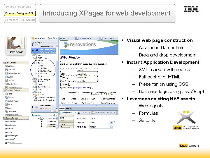 20 years leadership Domino Designer 8. 5 Introducing XPages for web development Composite Applications