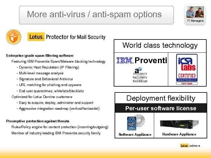  More anti-virus / anti-spam options IT Managers World class technology Enterprise grade spam