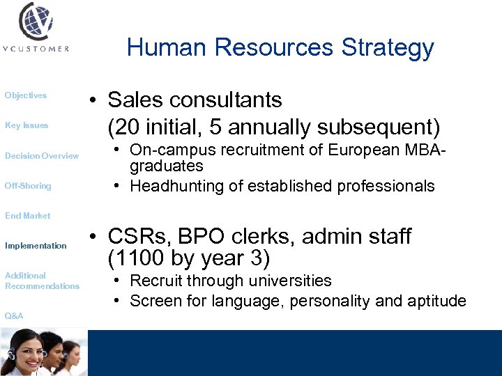 Human Resources Strategy Objectives Key Issues Decision Overview Off-Shoring • Sales consultants (20 initial,