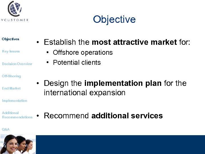 Objectives Key Issues Decision Overview • Establish the most attractive market for: • Offshore